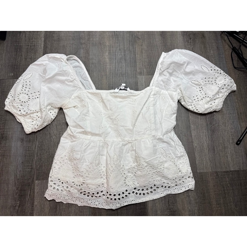 Walter Baker White Eyelet Cotton Puff Sleeve Smocked Peplum Top XL W53344